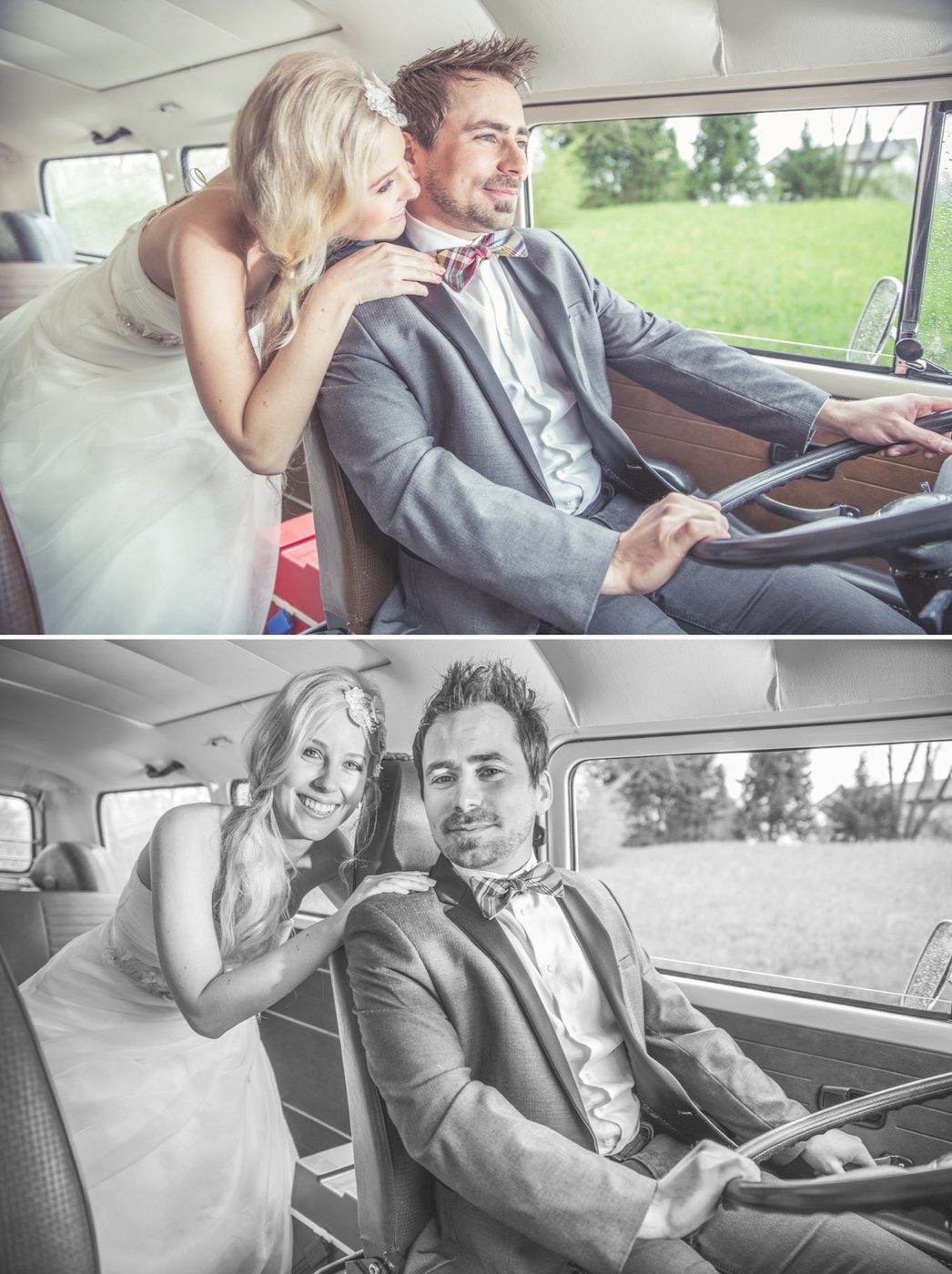 Brautpaar beim Fotoshooting mit VW Büssli – © Sarah Urech Photography
